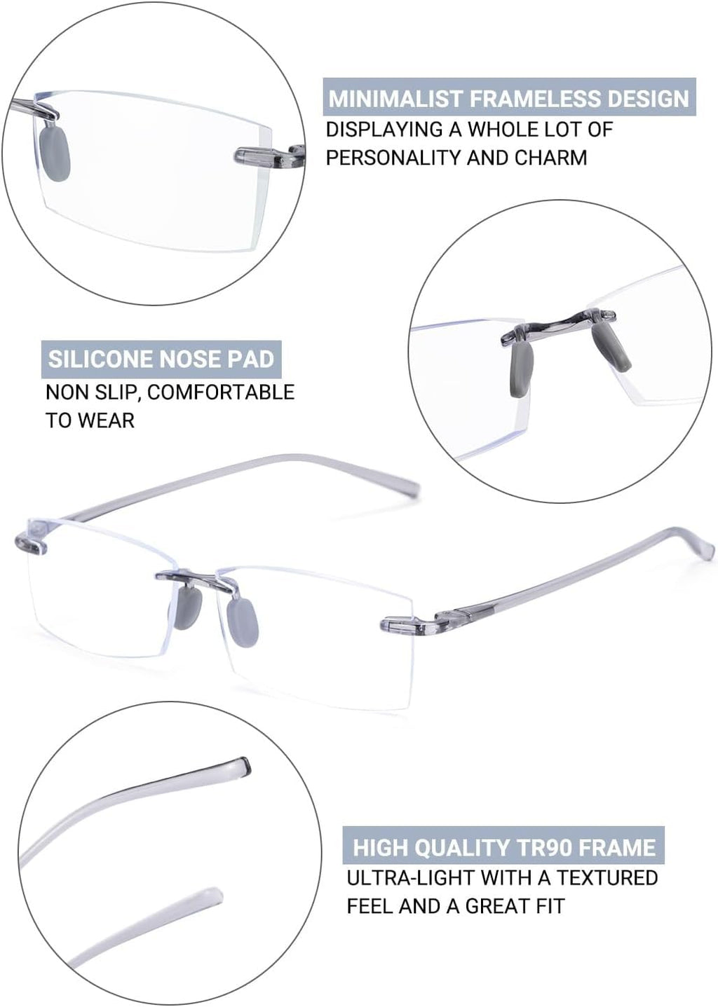 TERAISE Rimless Reading Glasses Comfortable Lightweight Frameless Reader 3 Pack Men and Women Blue Light Blocking Computer Eyeglasses(2.0X)