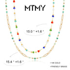 MTMY Beaded Necklaces for Women 14K Gold Plated Dainty Colorful Green/Rose Beaded Pearl Choker Necklace Delicate Boho Jewelry Gift (Layer-mix color)