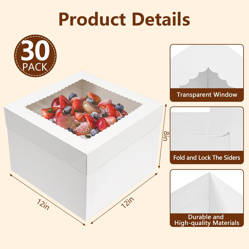 NEOACT 30 Pcs Cake Boxes, 12x12x8 Inch White Bakery Boxes with Window Cake Containers 12 Inch large Cake box for Birthday Party, Wedding,Tall Dessert Cardboard Boxes