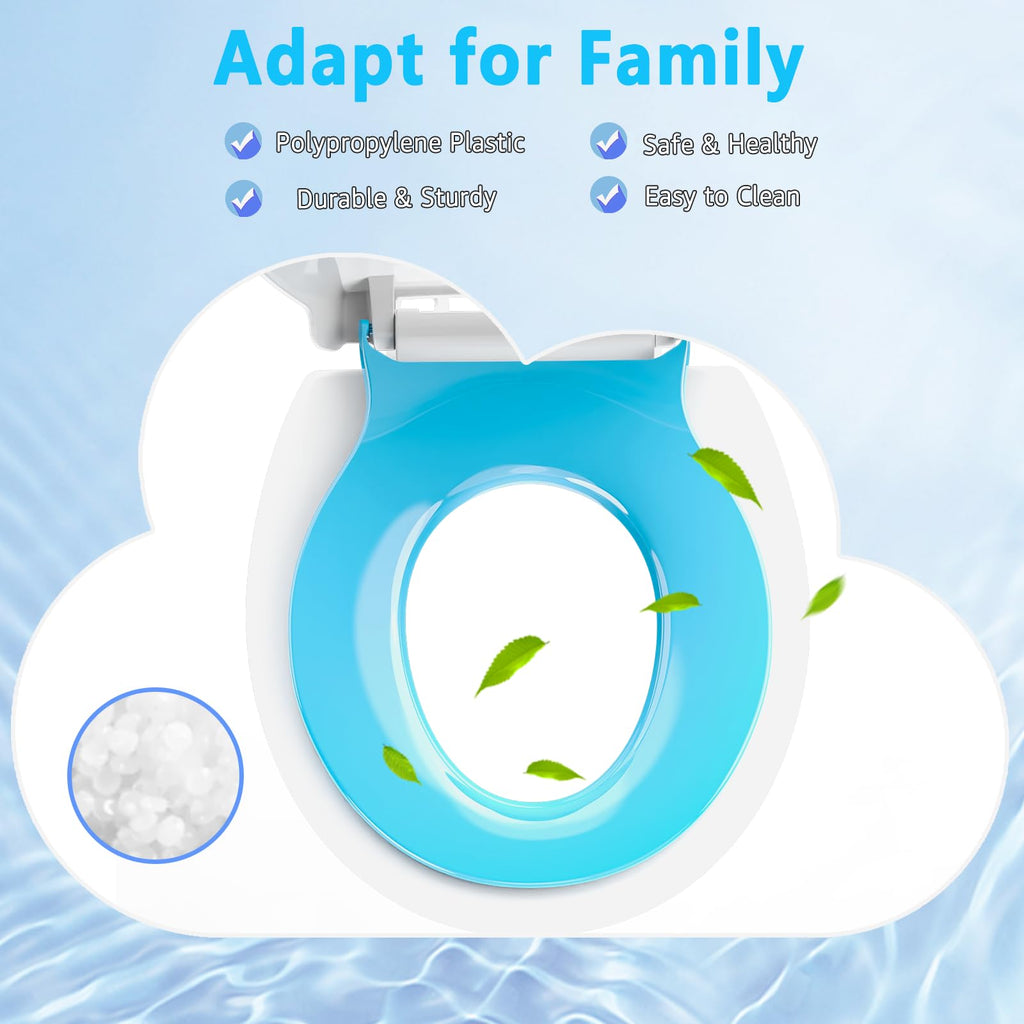 Aünsffer Toddler Toilet Seat with Potty Training Seat Round 16.5inch, 2 in 1 Toilet Seat for Family Built-in Baby Seat Removable, Soft Close + Easy Clean, PP Safe Material, Blue