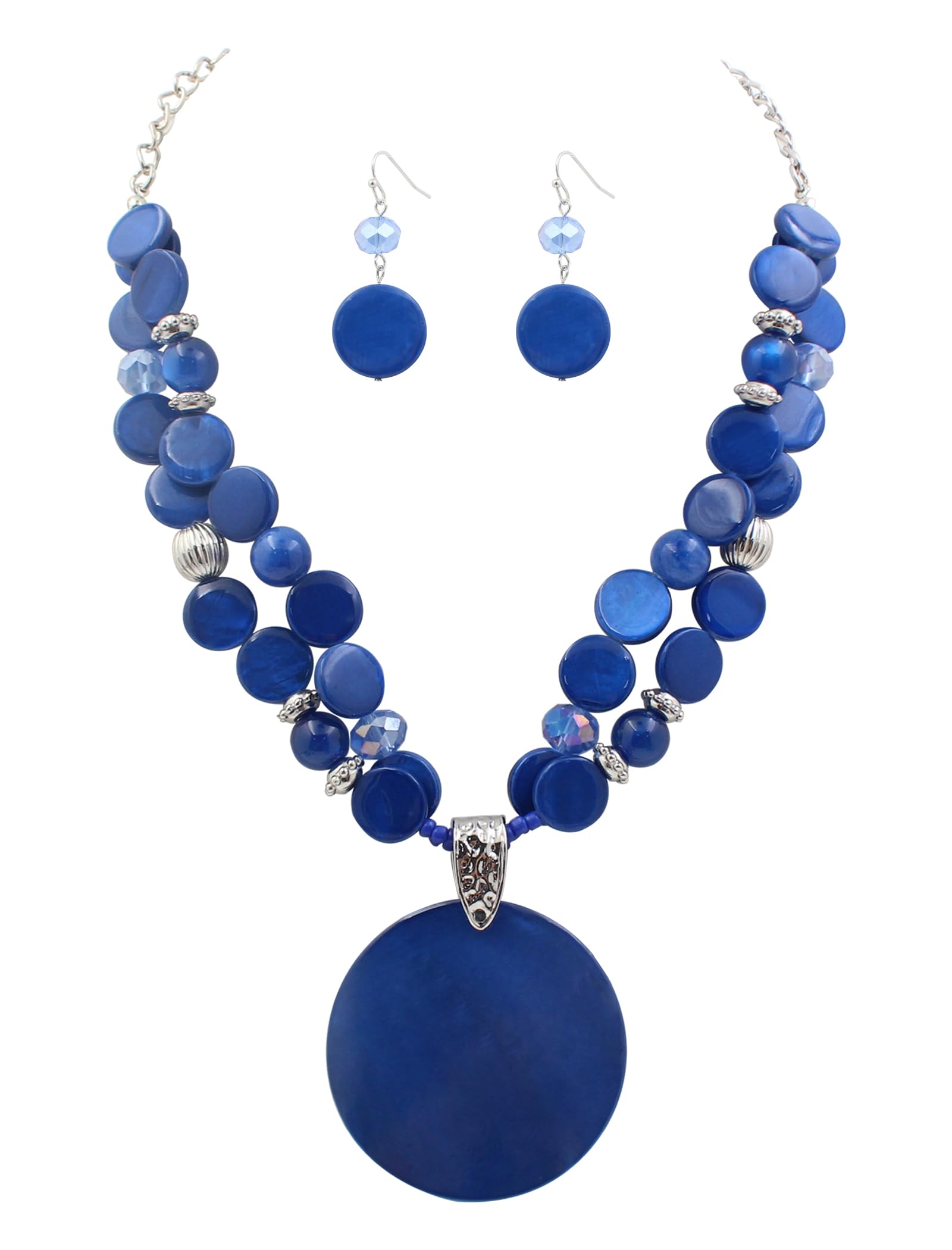 Xalroco Blue Layered Beads Statement Necklace for Women Big Colorful Glass Stone Circle Shell Pendant Necklace and Earring Set for Women