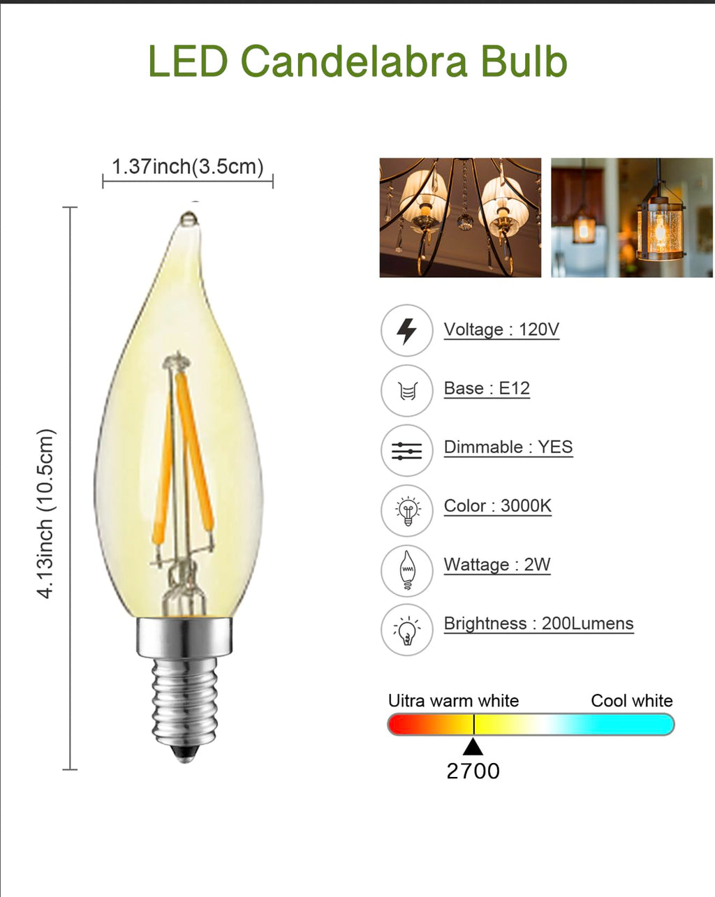 HMYYJT Dimmable LED Candelabra Bulb 25W Equivalent E12 LED Bulb 2700K Soft Warm White, Chandelier Light Bulbs, 2W 200LM Flame Tip CA10 Candle Light Bulb 24 Pack