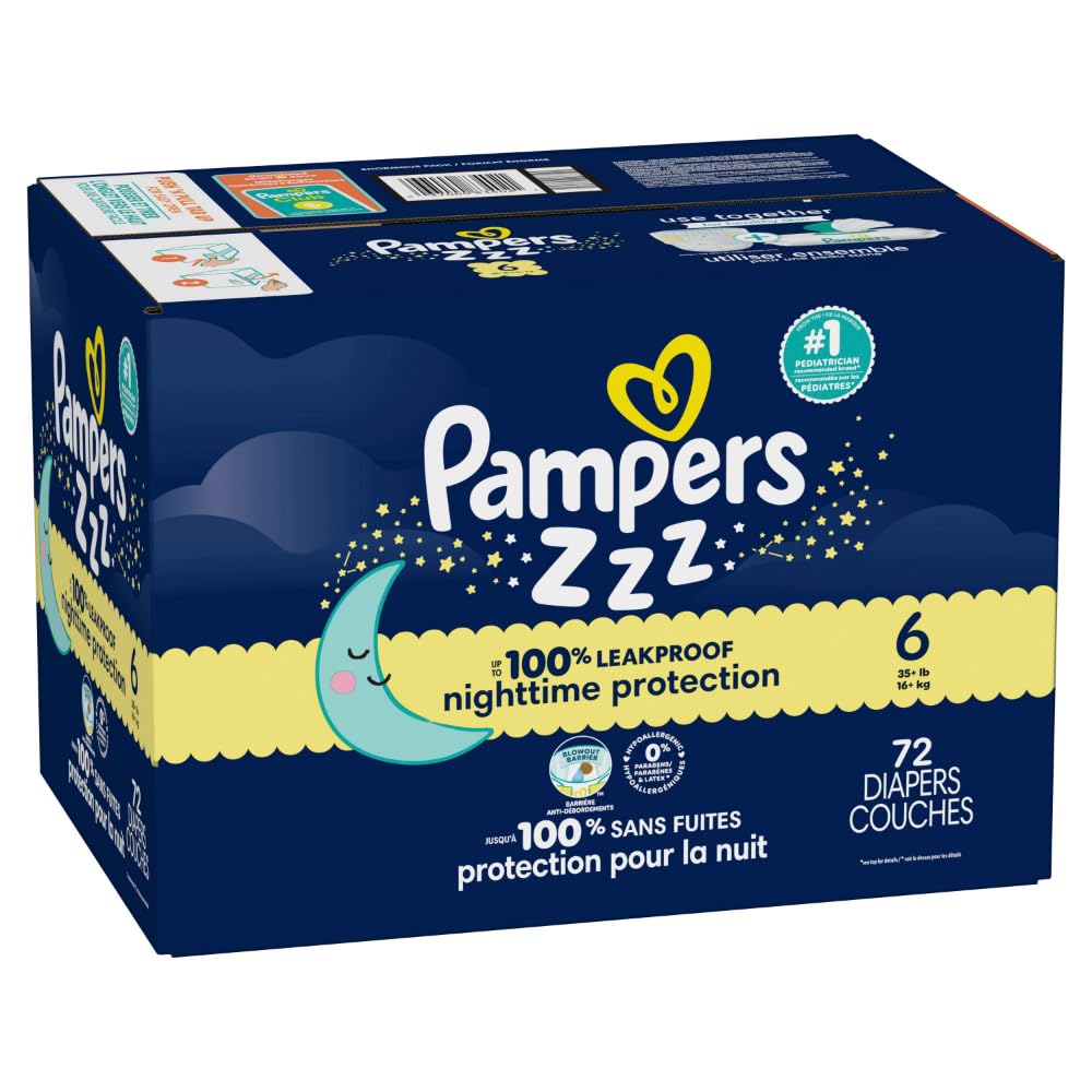 Pampers ZZZ Overnight Diapers, Size 6 (23-44 lbs), 72 Count, Nighttime Protection Disposable Baby Diaper