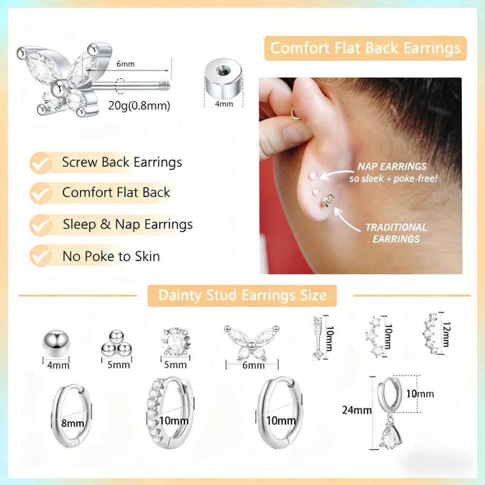 Flat Back Earrings for Women Cartilage Earrings Hypoallergenic Stacks