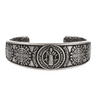 BaBakiak St Benedict Exorcism Medal Cuff Bracelet, Stainless Steel Christian Catholic Roman Cross Bangle, Patron Saint Amulet Medal Jewelry