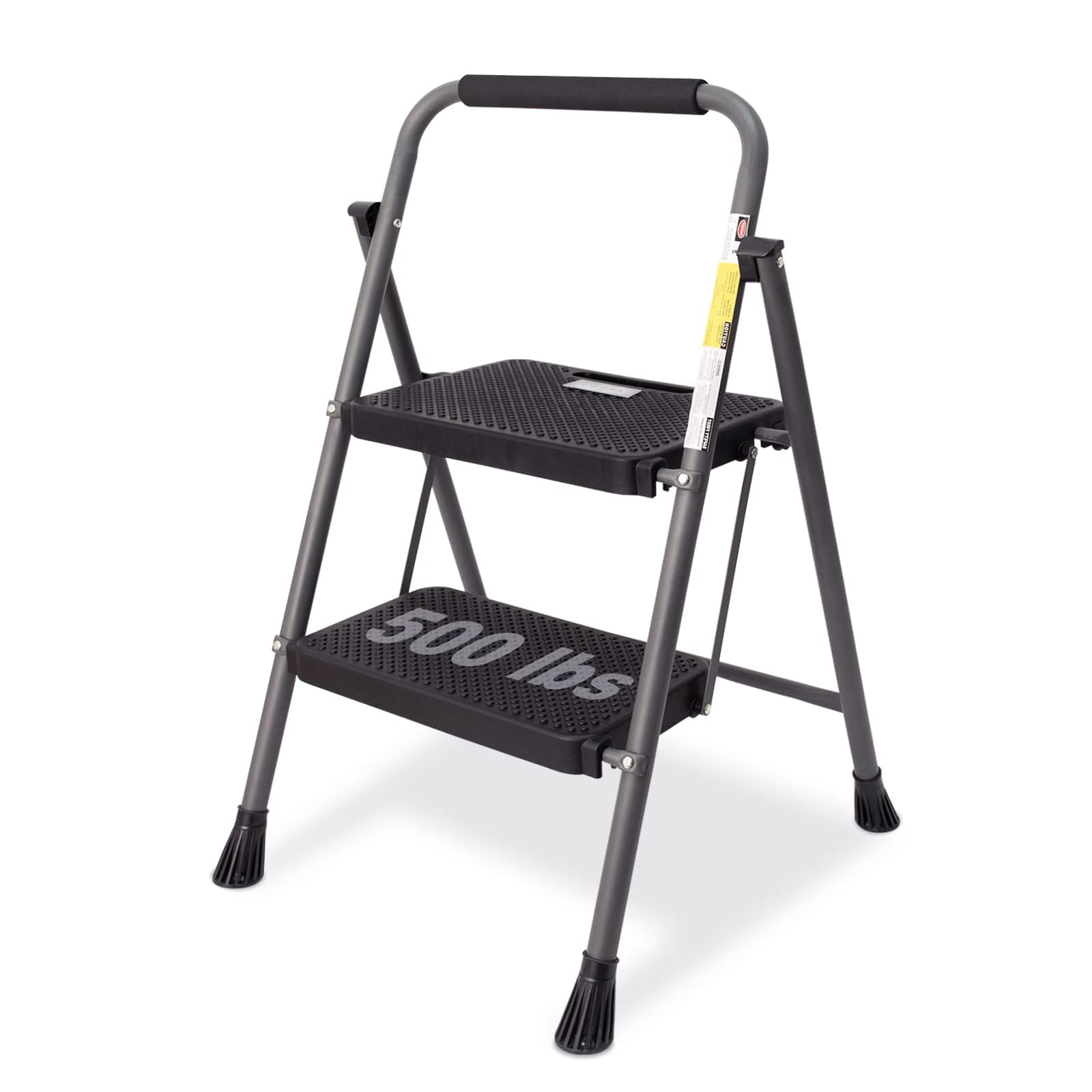 GOLYTON Folding 2-Step Ladder with Anti-Slip Platform and Handrail, Heavy Duty Steel, 500 lbs Capacity, Compact Portable Step Stool for Home, Kitchen & Office Use, Grey