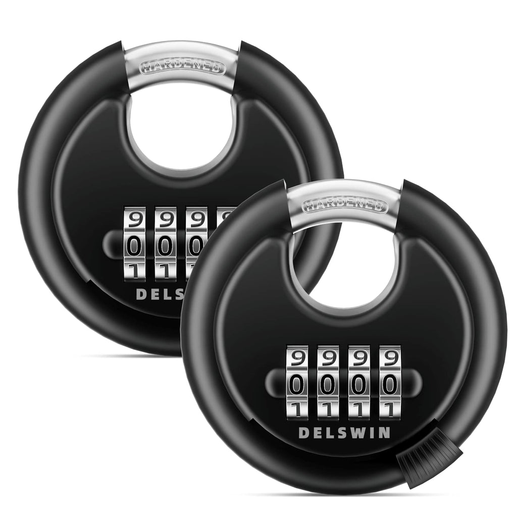 DELSWIN 4-Digit Disc Combination Lock Outdoor - Heavy Duty Combination Padlocks with Hardened Steel Shackle Weatherproof Combo Locks for Gates,Sheds,Fence,Storage Unit (3/8" Shackle, Black,2 Pcs)