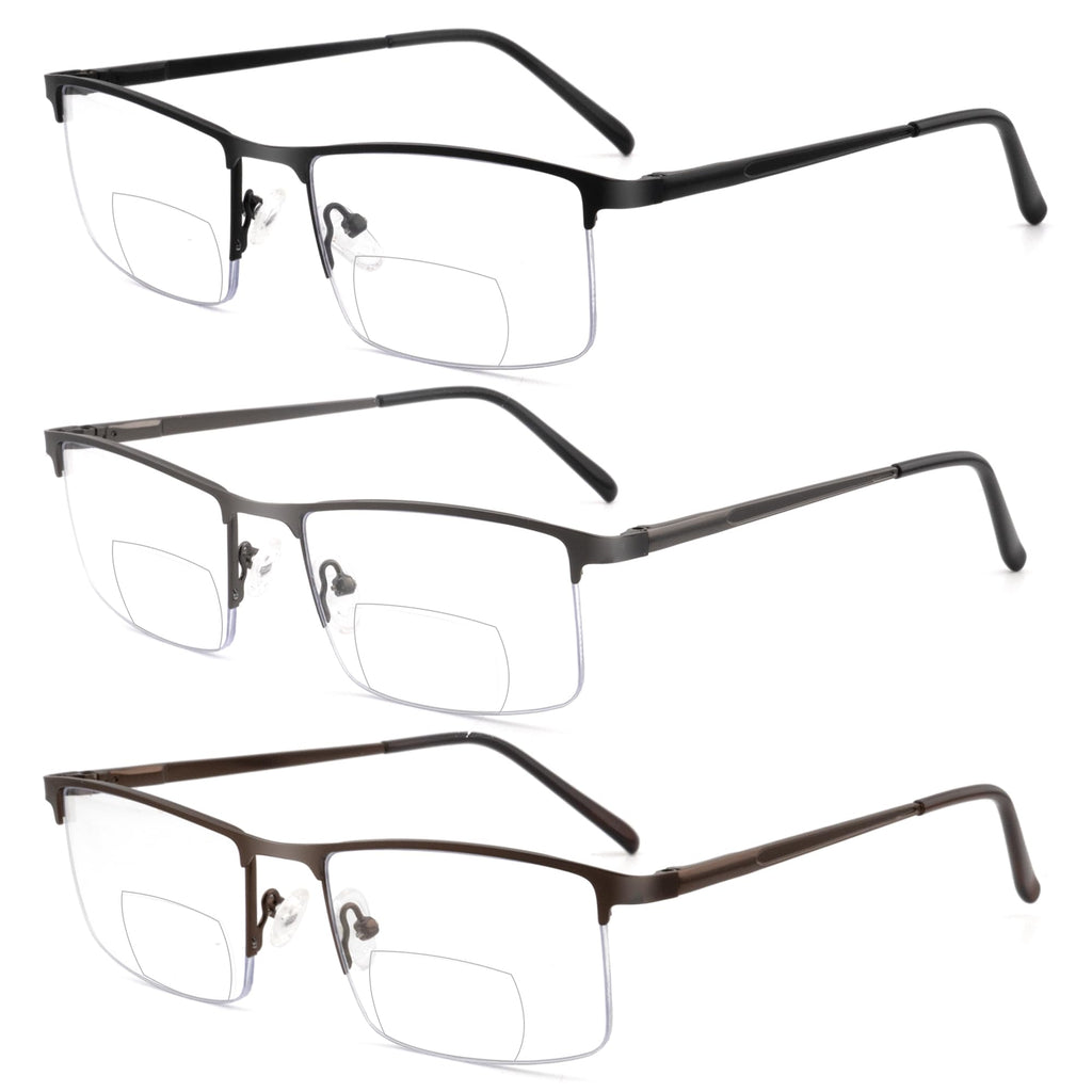 zooxsky 3 Pack Bifocal Reading Glasses for Men,Lightweight Metal Half Frame Clear Top Bi-focal Readers with Spring Hinge+2.50