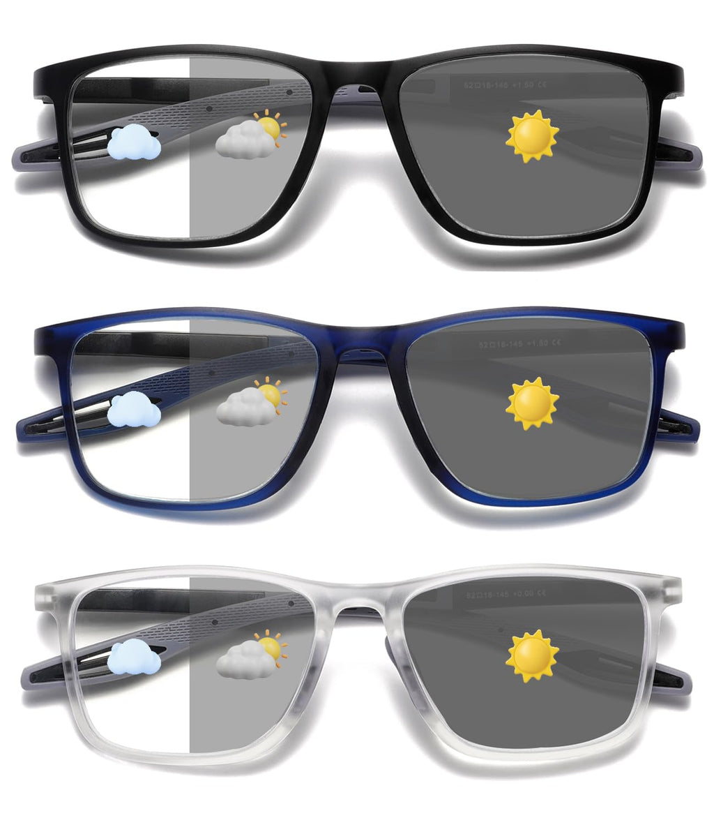 Hubeye Photochromic Reading Glasses for Men and Women TR90 Sport Reader Anti Glare UV Ray Filter （Matte black+Matte blue+Transparent，+2.5