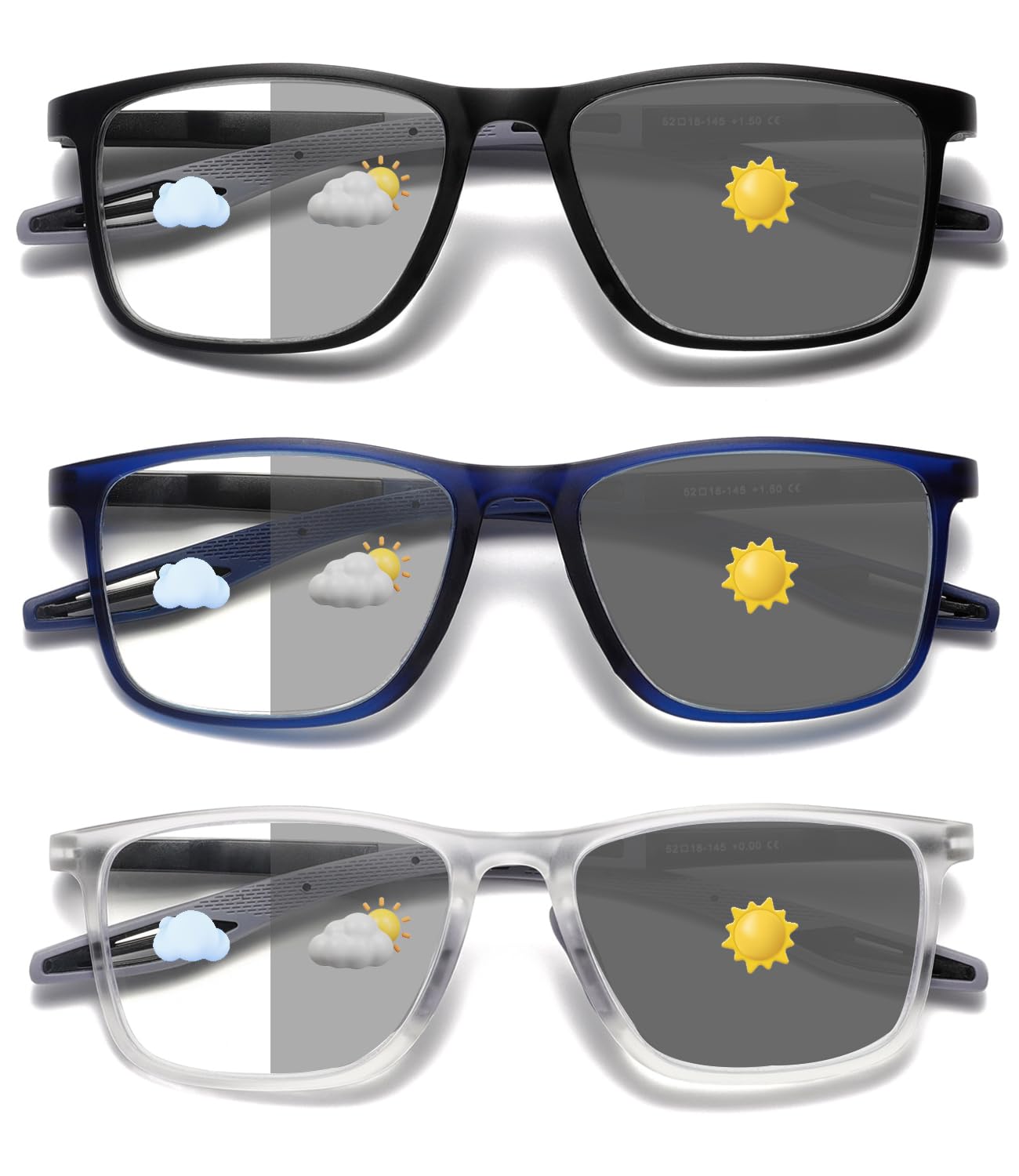 Hubeye Photochromic Reading Glasses for Men and Women TR90 Sport Reader Anti Glare UV Ray Filter （Matte black+Matte blue+Transparent，+2.5