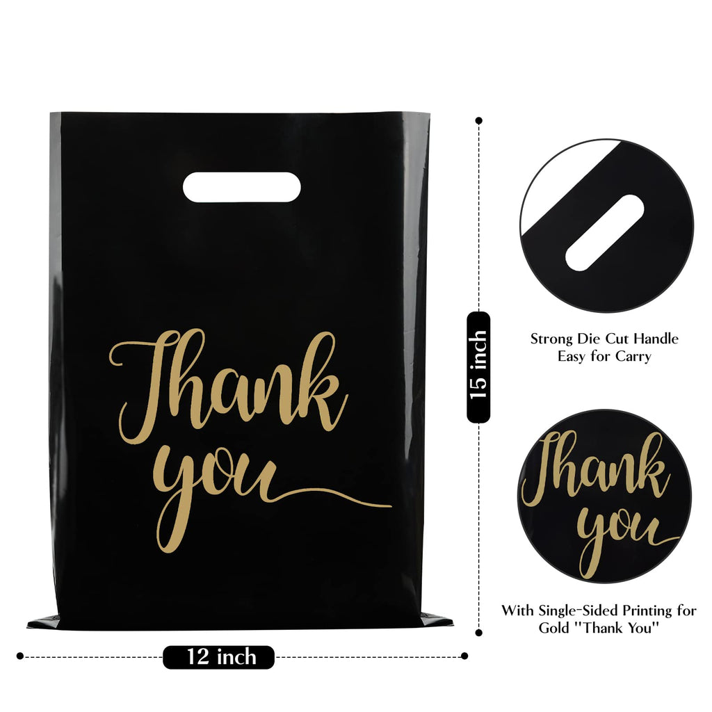 Jutieuo 100 Pack Black Thank You Shopping Bags for Small Business - 12"x15" Extra Thick 2.36 Mil Plastic Retail Thank You Bags with Handles for Stores, Boutique, Clothes, Business Gift