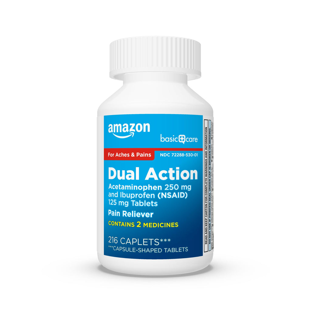 Amazon Basic Care Dual Action Acetaminophen 250 mg and Ibuprofen (NSAID) 125 mg Tablets, Pain Reliever for Headache, Backache, Menstrual Cramp, Arthritis Pain Relief, 216 Count (Pack of 2)