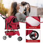 BestPet 3 Wheels Pet Dog Stroller Cat Cage for Medium Small Dogs Cats Travel Folding Carrier Waterproof Puppy Stroller with Cup Holder & Removable Liner,Red