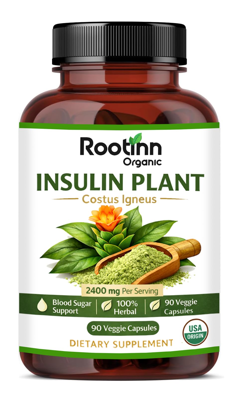 Rootinn Organic Insulin Plant Capsules - 2400mg Costus Igneus Leaf Powder with No Binders, Fillers & Gluten - Vegan, Non GMO Supplements for Women & Men (90 Capsules (Pack of 1))