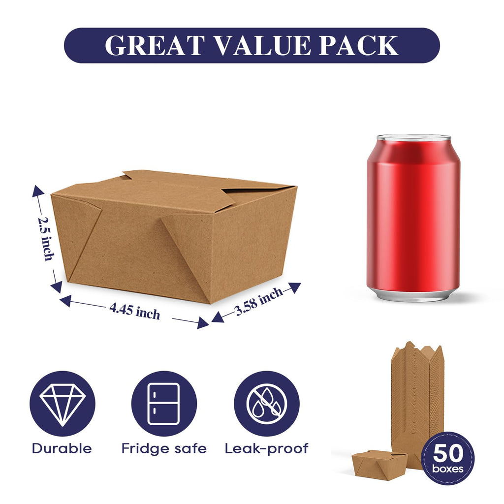 LITOPAK 50 Pack 27 oz Take Out Food Containers, Kraft Brown Take Out Boxes Leak Grease Resistant and Stackable for Restaurants, Homes, Offices, Picnics