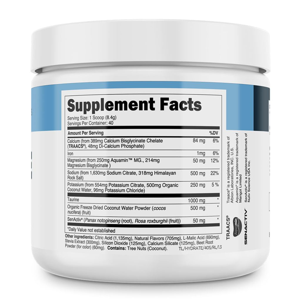 Transparent Labs Hydrate Sugar Free Electrolytes Powder - Hydration Powder Electrolytes with Coconut Water, Calcium, Taurine, & Potassium - 40 Servings, Raspberry Lemonade