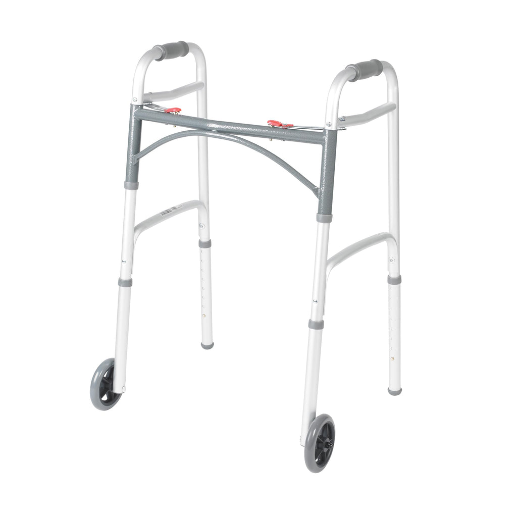 Drive Medical Two-Button Folding Walker w/ Wheels - Lightweight Rolling Mobility Support - Desk Arms - Adjustable Height - Dual Push Operation - 5 Inch Front Wheels - Durable Aluminum - Silver