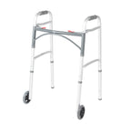 Drive Medical Two-Button Folding Walker w/ Wheels - Lightweight Rolling Mobility Support - Desk Arms - Adjustable Height - Dual Push Operation - 5 Inch Front Wheels - Durable Aluminum - Silver