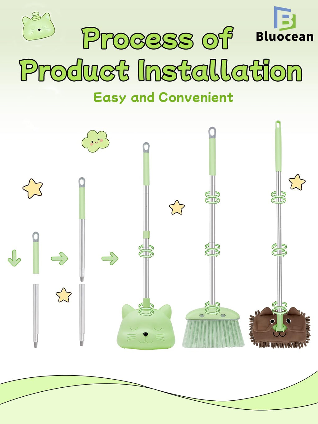 28'' Kids Mini Broom with Dustpan & Mop Set - Toddler Cleaning Toy, Toddler Household Helper, Parent-Child Interactive Play Cleaning Tool, Cute Cartoon Design, Small Safe Corner Broom (Green)