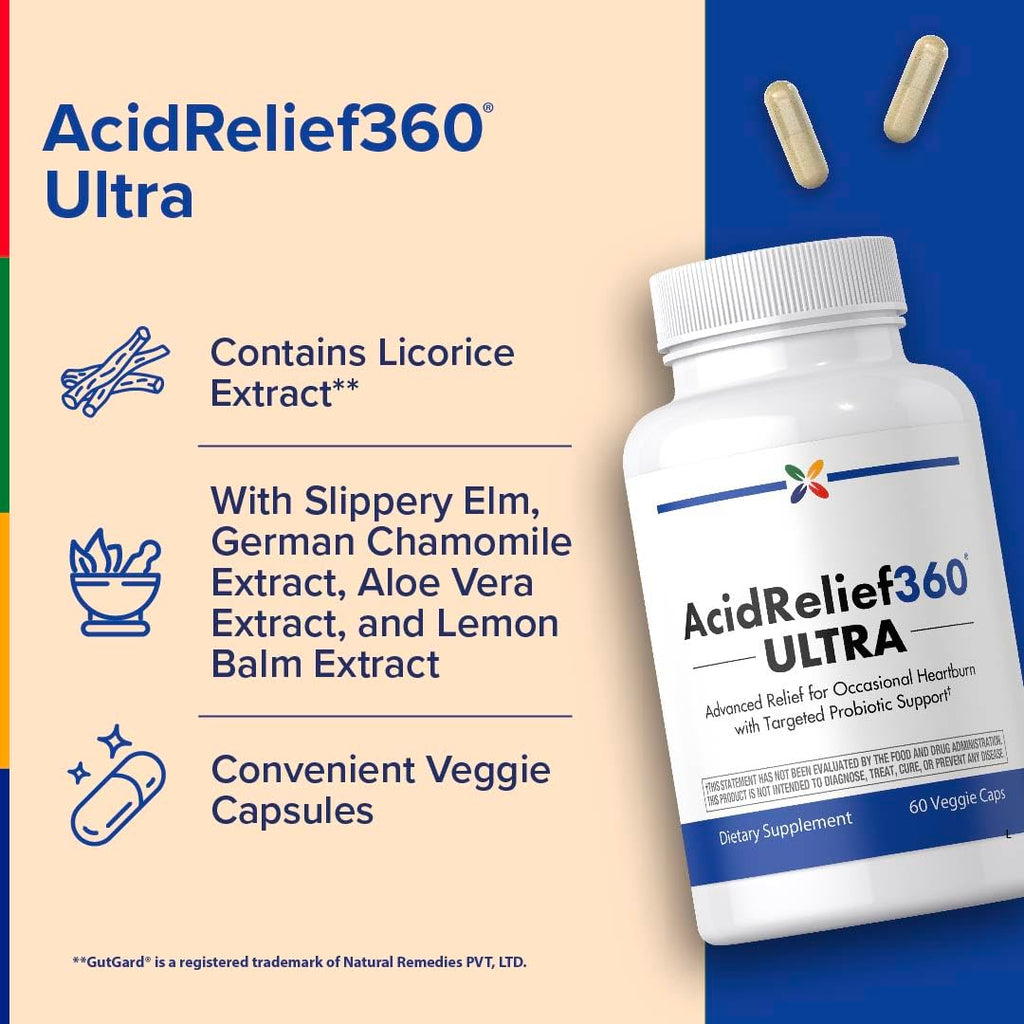 Stop Aging Now - Acid Relief Supplement - 60 Vegetable Capsules - with Probiotic Support