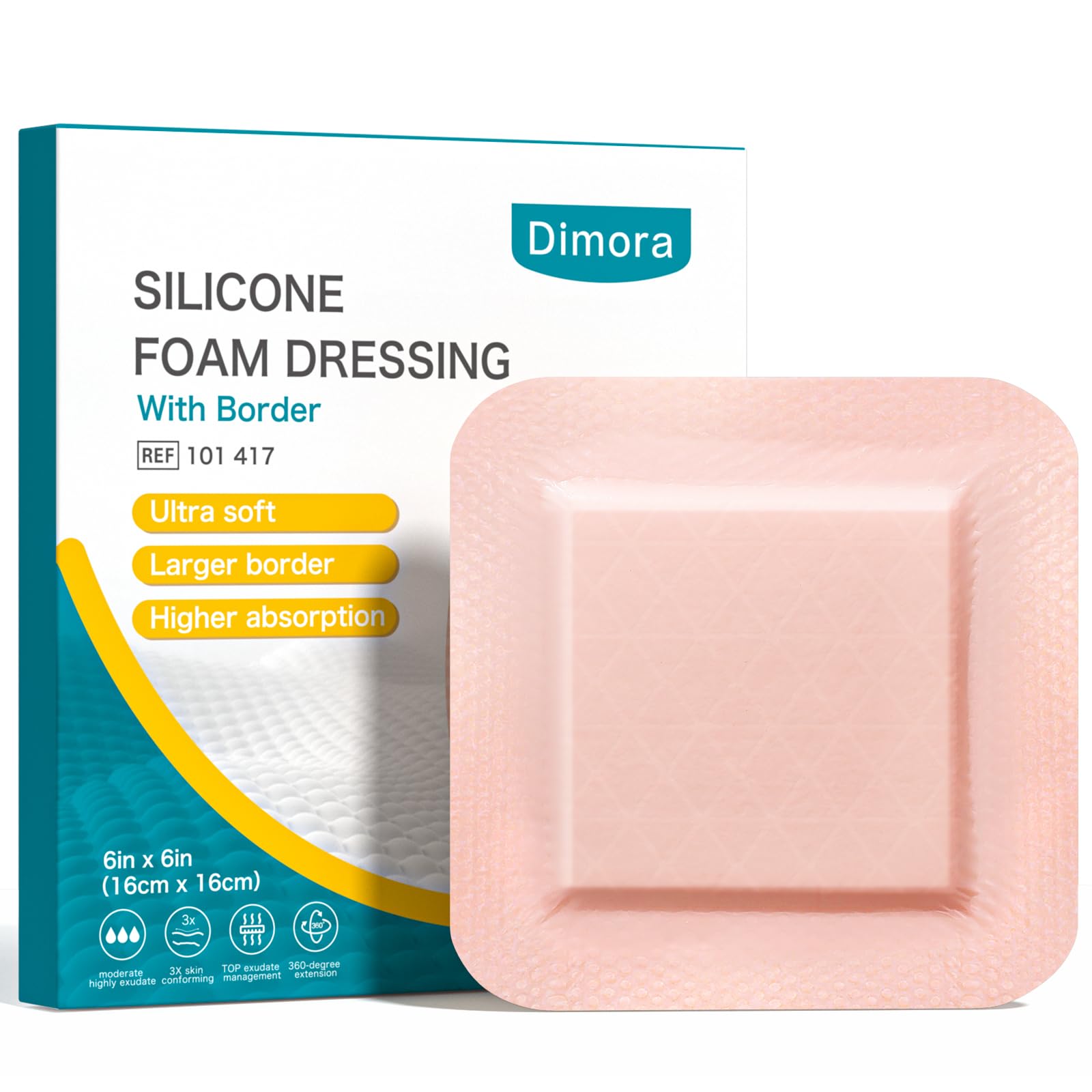 Dimora Utra Soft Silicone Foam Dressing 6"X6"(5 Count), Super Absorbent Large Bandage for Wound with Widened Border, Adhesive Foam Wdound Dressing for Bed Sores, Ulcer, Surgical Wound