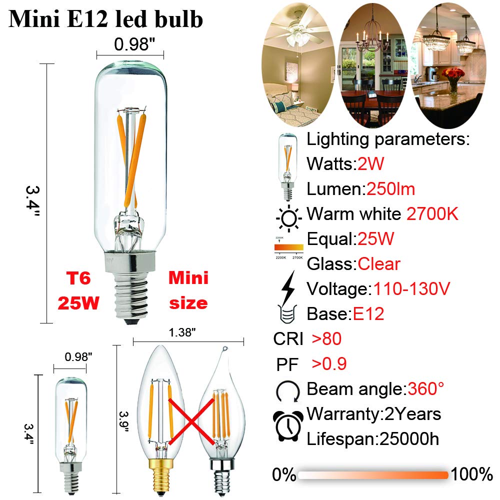 LiteHistory Dimmable T6 led Bulb 25W Candelabra led 2700K Clear 200lm 2W e12 T25 led Bulb 6Pack