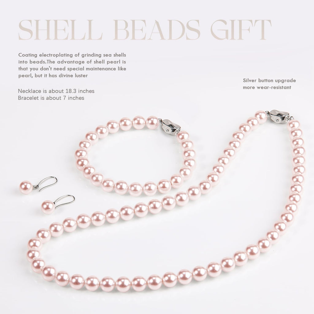 AOOVOO Pink Pearl Necklace Set for Women, 8mm Round Shell Pearl Includes Stunning Bracelet and Dangle Earrings 3 Piece Jewelry, Birthday Wedding Gifts for Her