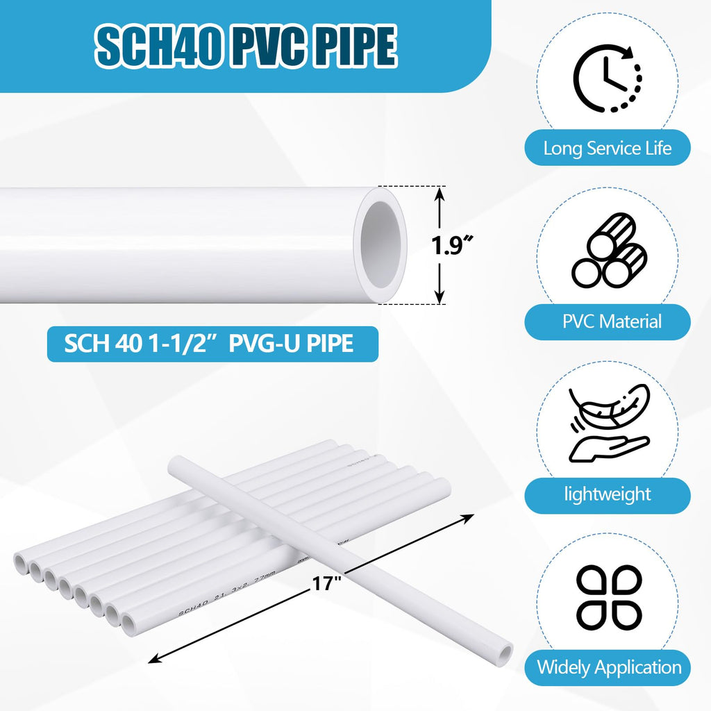 6 Pcs 1-1/2 Inch PVC Pipe 17" Long White Sch40 Industrial PVC Pipes, Greenhouse, Garden, Workshop, Farm, Furniture Grade for Home