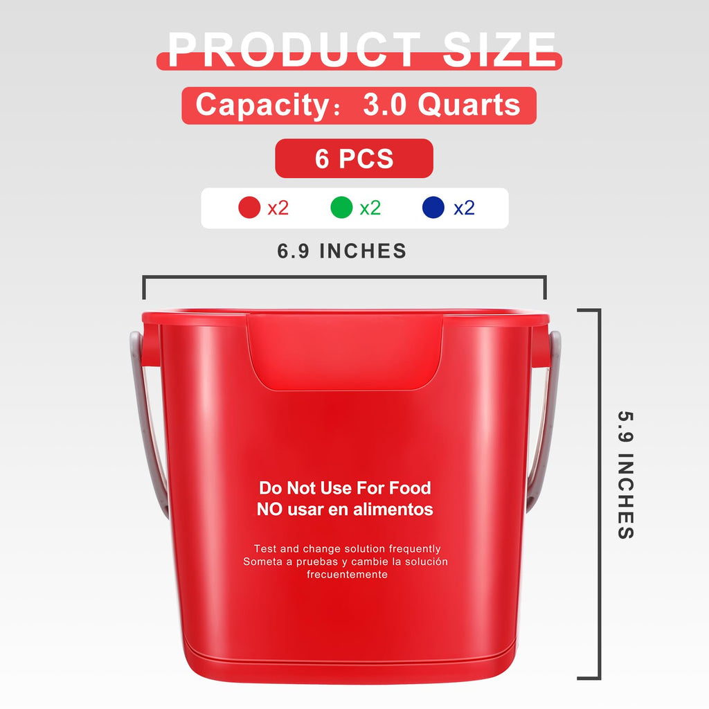 Roshtia 6 Pcs 3 Quart Sanitizing Cleaning Bucket Square,Red, Blue, Green