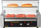 VEVOR Hot Dog Roller 5 Rollers 12 Hot Dogs Capacity, 750W Stainless Sausage Grill Cooker Machine with Dual Temp Control Glass Hood Acrylic Cover Bun Warmer Shelf Removable Oil Drip Tray ETL Certified