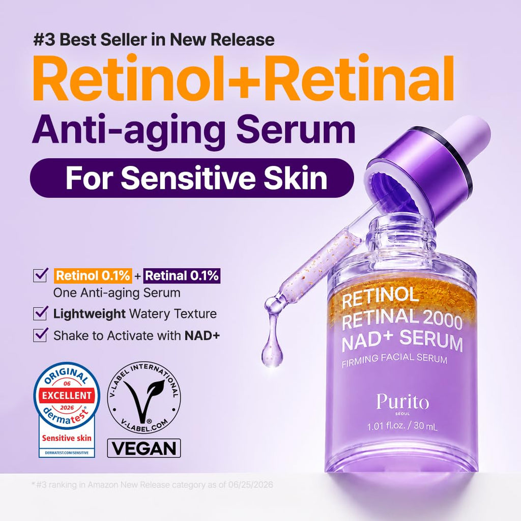 PURITO Retinol 0.1% + Retinal 0.1% Serum for Sensitive Skin, 1.01 fl.oz