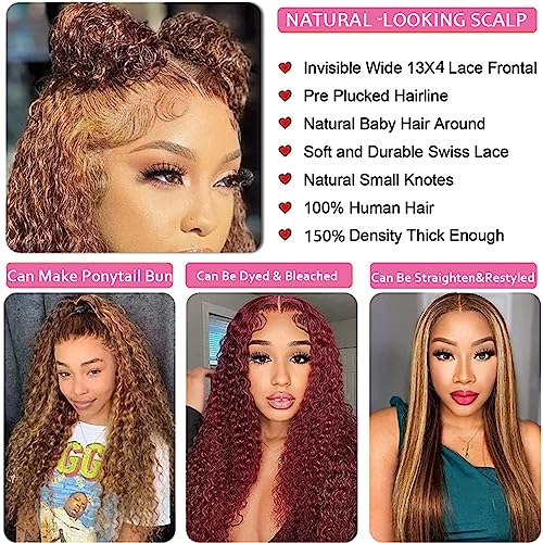 Chesma 28inch Highlight Ombre Lace Front Wig Human Hair 13x4 HD Honey Blonde 4/27 Deep Wave Lace Frontal Wigs Glueless Wigs Human Hair Pre Plucked with Baby Hair 180 Density