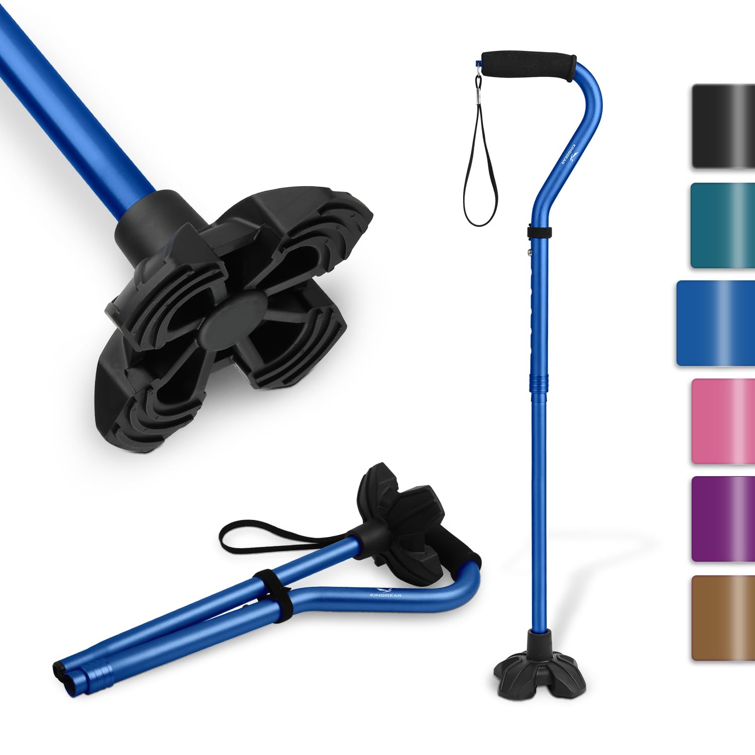 KINGGEAR F1 Walking Stick, Walking Cane for Women & Men, Self Standing Walkers for Seniors with Wrist Strap, Lightweight & Sturdy Offset EVA Handle and Large Quad Base