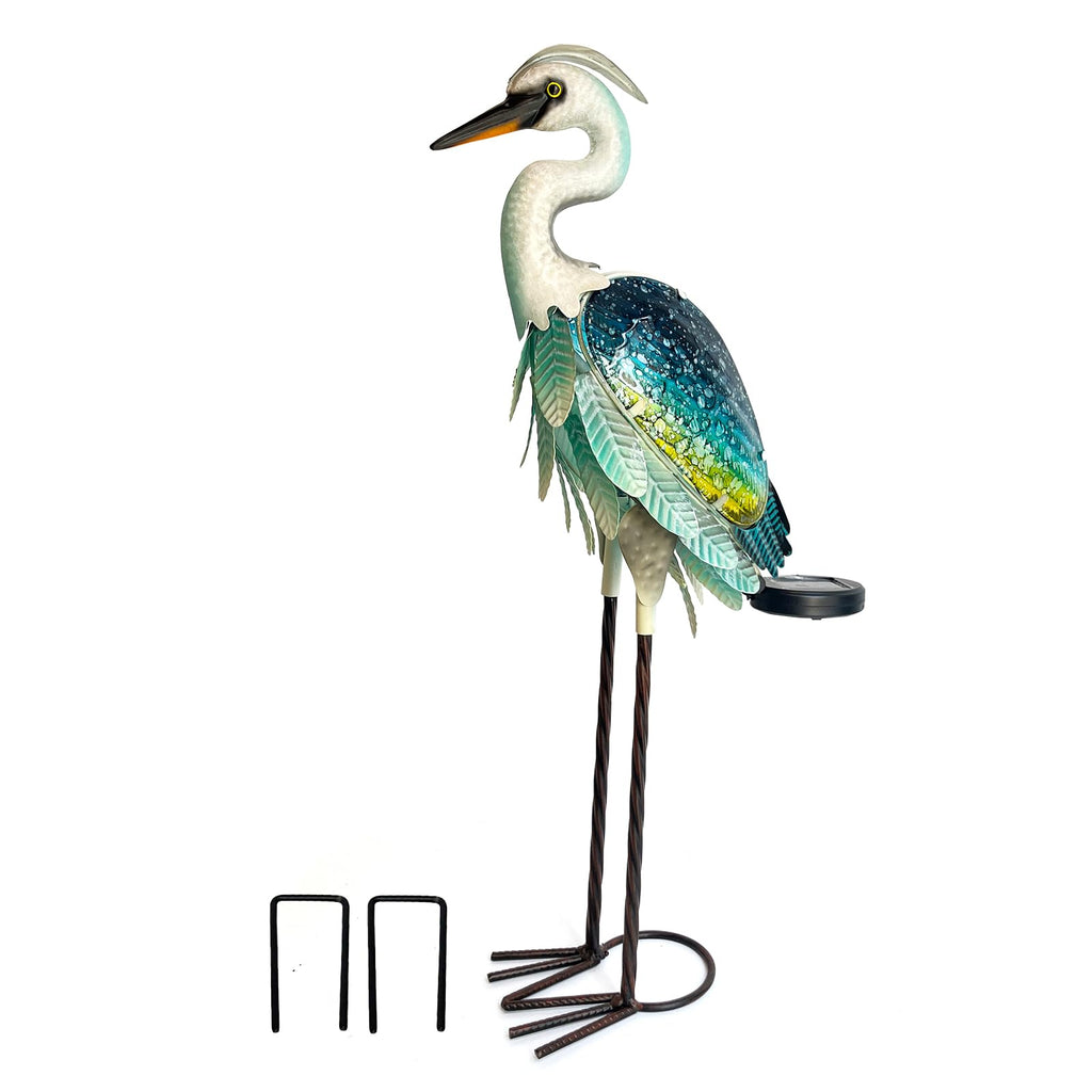 HONGLAND Solar Heron Metal Crane Statue Garden Heron Sculpture, Glass Outdoor Crane Yard Art Coastal Ocean Bird Decor 24 Inch Lawn Ornament for Backyard Porch Patio Decor（Green）