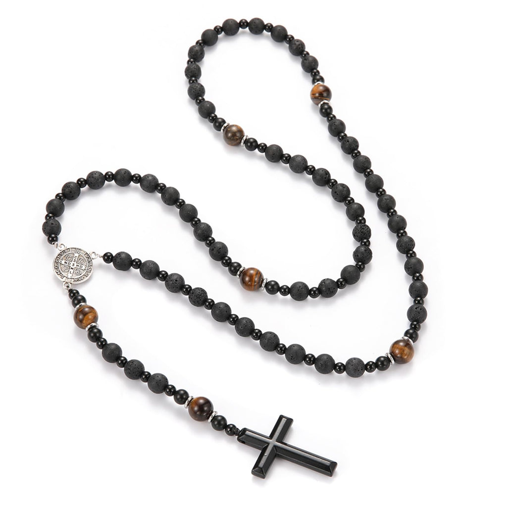 Rosary Necklace for Men, Black Catholic Rosary, Lava Rock Tiger Eye Beads Cross Necklace, Rosarios Catolicos Para Hombre (B)