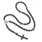 Rosary Necklace for Men, Black Catholic Rosary, Lava Rock Tiger Eye Beads Cross Necklace, Rosarios Catolicos Para Hombre (B)