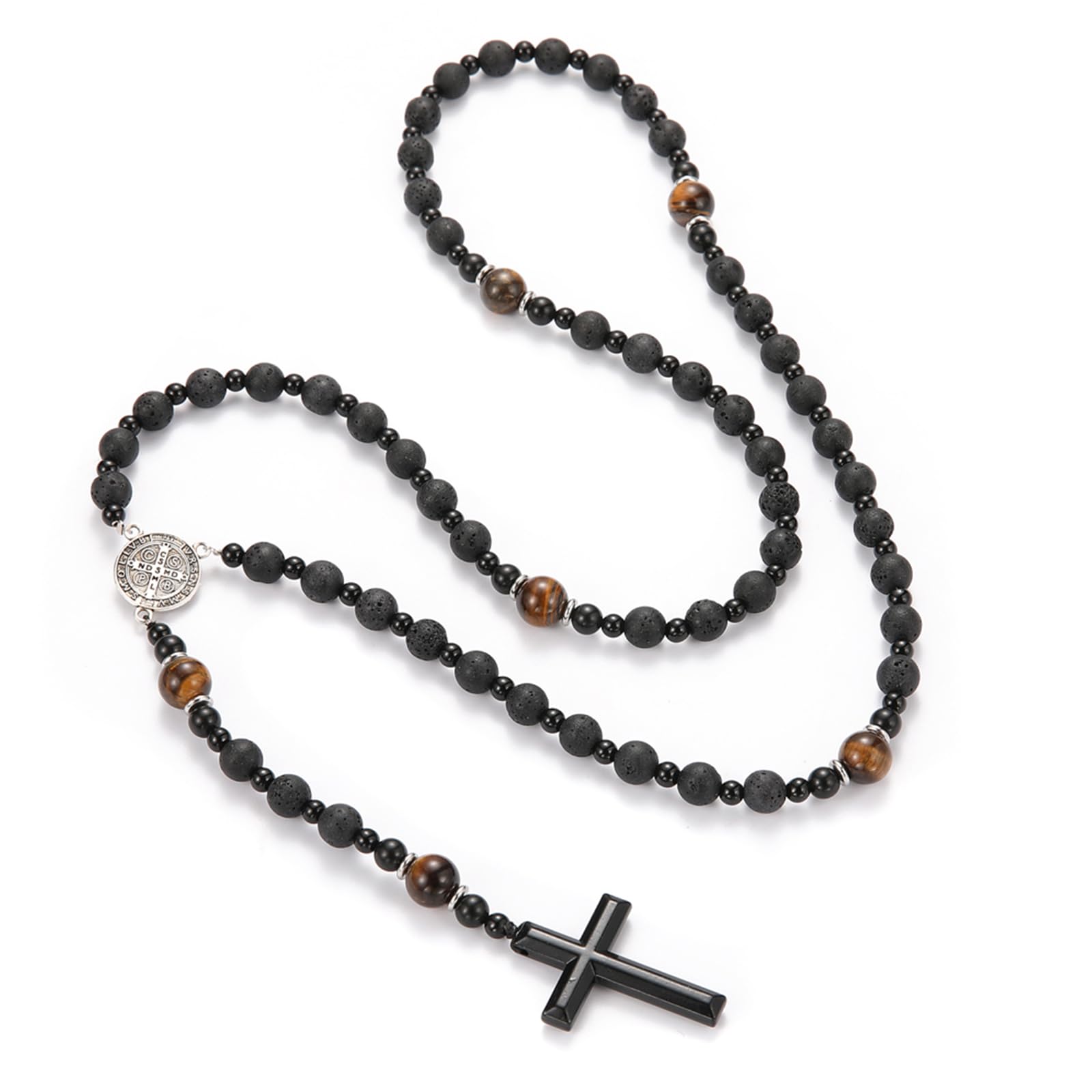 Rosary Necklace for Men, Black Catholic Rosary, Lava Rock Tiger Eye Beads Cross Necklace, Rosarios Catolicos Para Hombre (B)