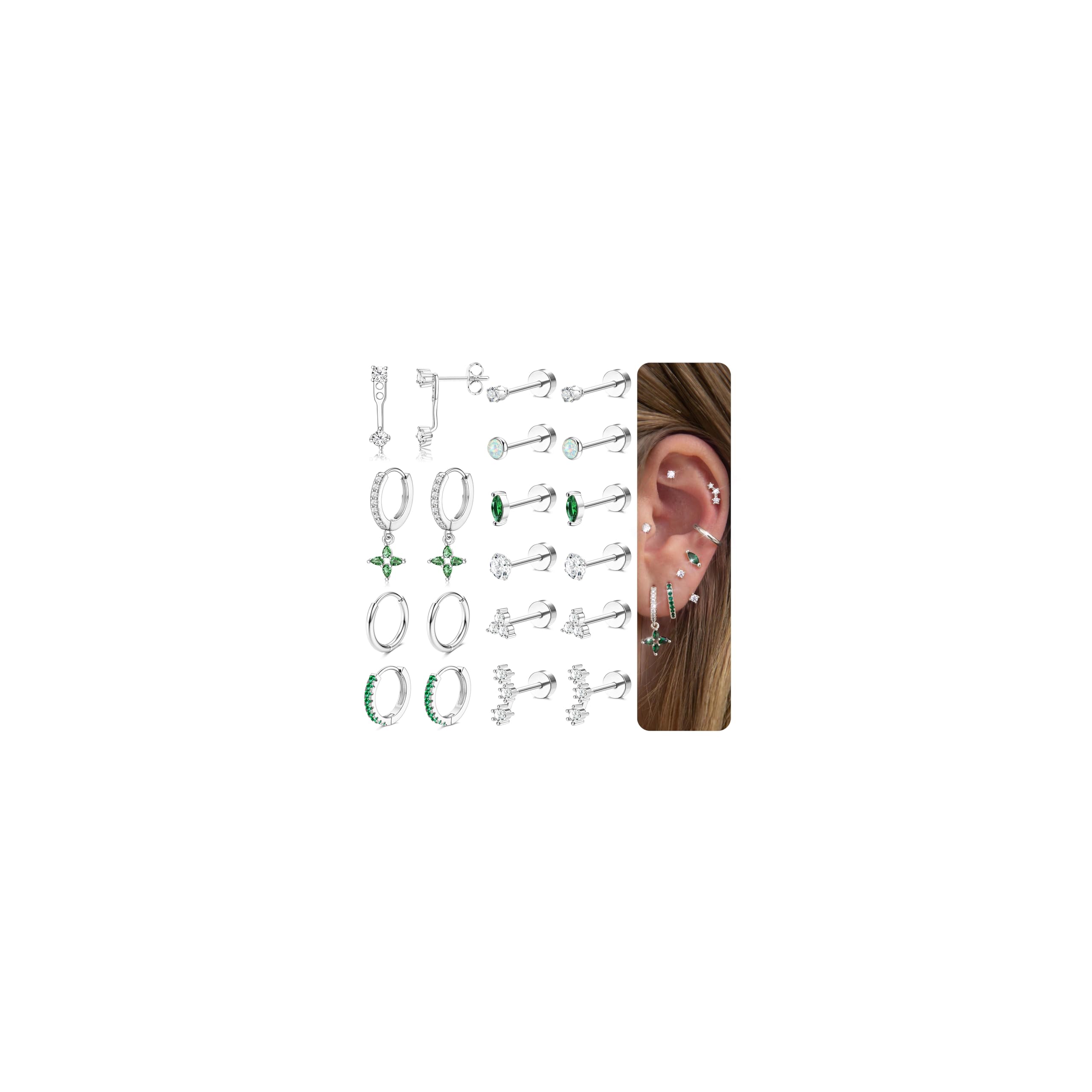 MILACOLATO Hypoallergenic Flat Back Earrings Silver Cartilage Earring Sets for Multiple Piercing 20G Surgical Stainless Steel Earrings for Women Trendy Earring Stacks Small Hoop Flatback Stud Earrings SG