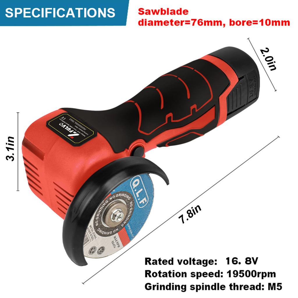 ZFULVO Cordless Brush Angle Grinder Kit, 19500rpm Mini Electric Angle Grinding Tool with 2pcs 16.8V 2000mAh Batteries and 6-Cutting Discs, Grinder Handheld Cutter for Metal Wood