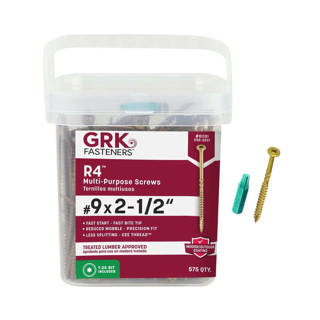GRK Fasteners R4™ #9 x 2-1/2 Inch, Multi-Purpose Framing Screws, 575 PCS, Rust Resistant Climatek™ Coating, Outdoor Fencing and Deck Screws, Fast Bite Tip, Star Drive Recess, T-25 Bit Included, Gold
