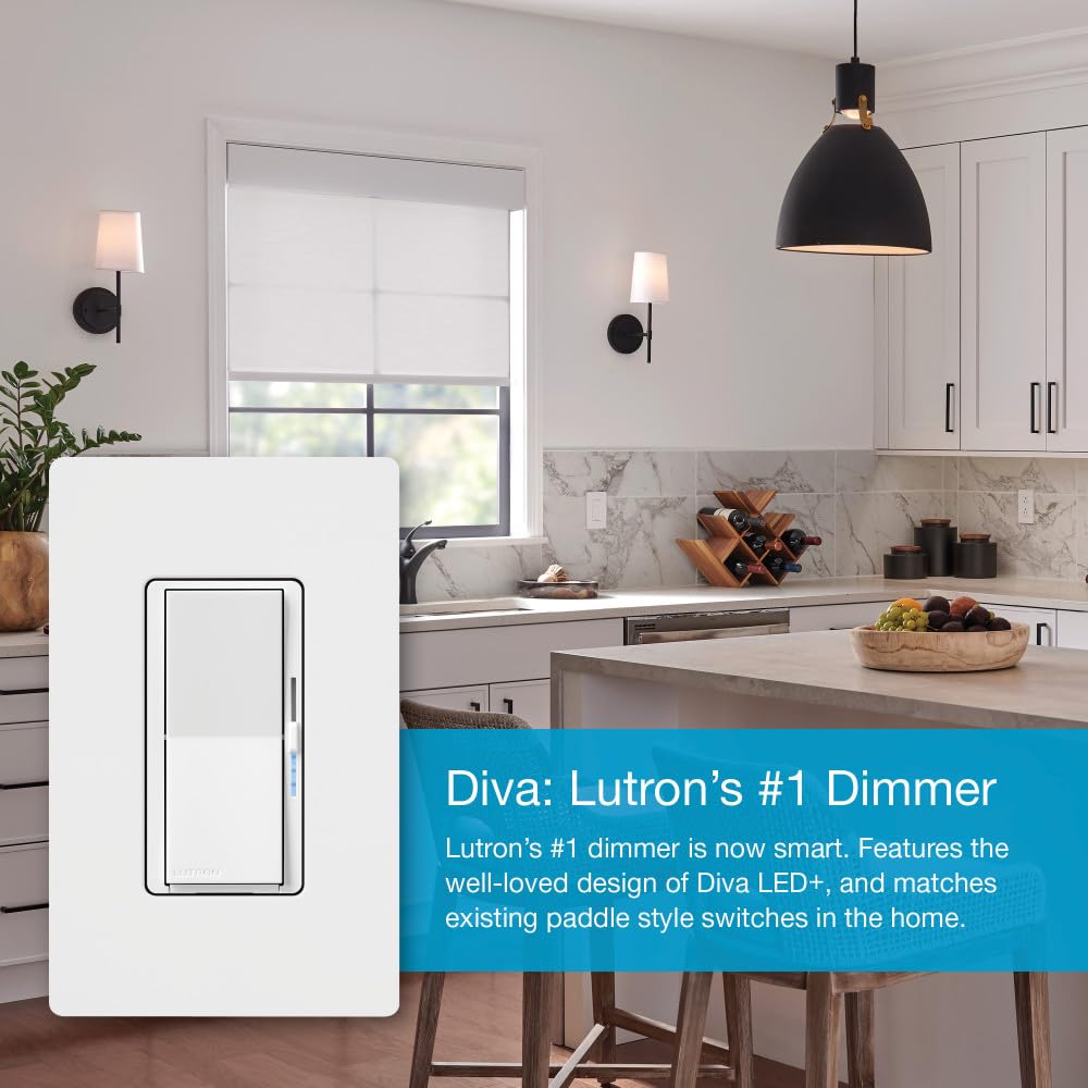Lutron Diva Smart Dimmer Light Switch for Caseta Lighting (Lutron Smart Hub Required), for LED Lights, 150W, Single-Pole/3-Way, No Neutral, Brown (DVRF-6L-BR)