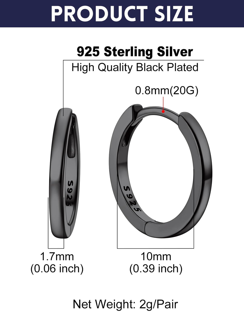 Bandmax Mens Black Small Huggie Hoop Earrings 925 Sterling Silver 10mm Round Huggy Ear Hoops Aretes Negros para Hombre Silver Ears Jewelry Gift for Women Men