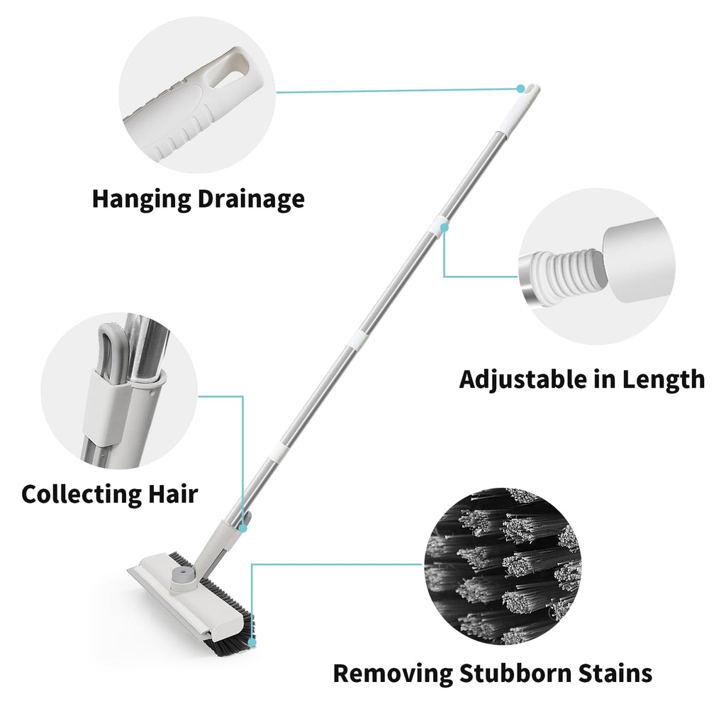 Floor Scrub Brush with Long Handle, 3 in 1 Scrape and Heavy-Duty Stiff Bristle Scrubber Brush for Cleaning Shower Bathroom, Patio, Pool, Garage, Kitchen, Wall and Deck (White, 1 Pack)