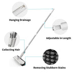 Floor Scrub Brush with Long Handle, 3 in 1 Scrape and Heavy-Duty Stiff Bristle Scrubber Brush for Cleaning Shower Bathroom, Patio, Pool, Garage, Kitchen, Wall and Deck (White, 1 Pack)
