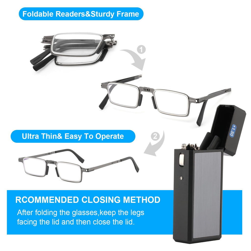 SKYOLUY Durable Ultra Thin and Lightweight Folding Reading Glasses for Men Women, Blue Light Blocking Compact Computer Foldable Readers, Pocket Portable Sturdy Frame With Case Black 1.5x