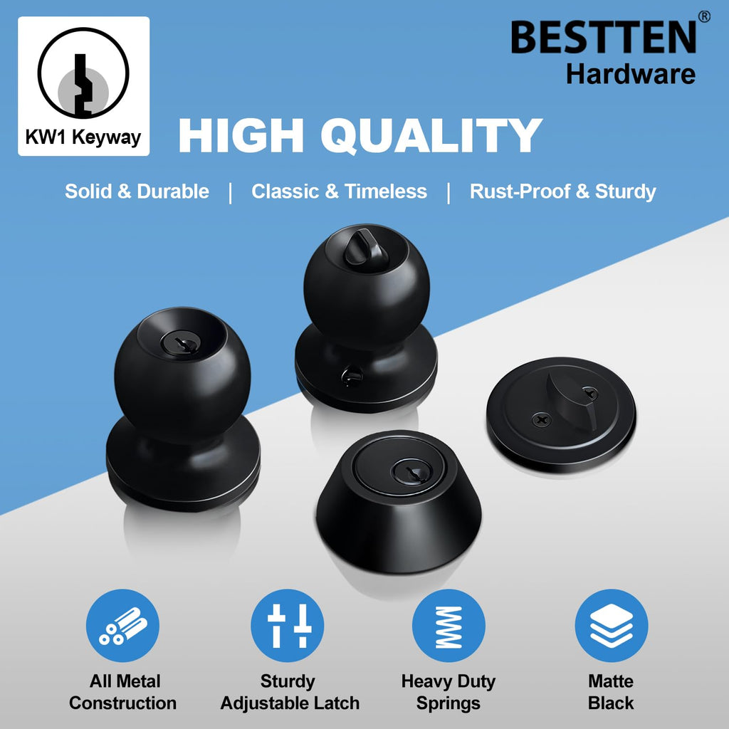 BESTTEN Keyed Alike Exterior Door Knob with Key Lock and Deadbolt, All Keyed Same, Matte Black Entry Door Knobs with Lock and Keys for Entrance and Front Door