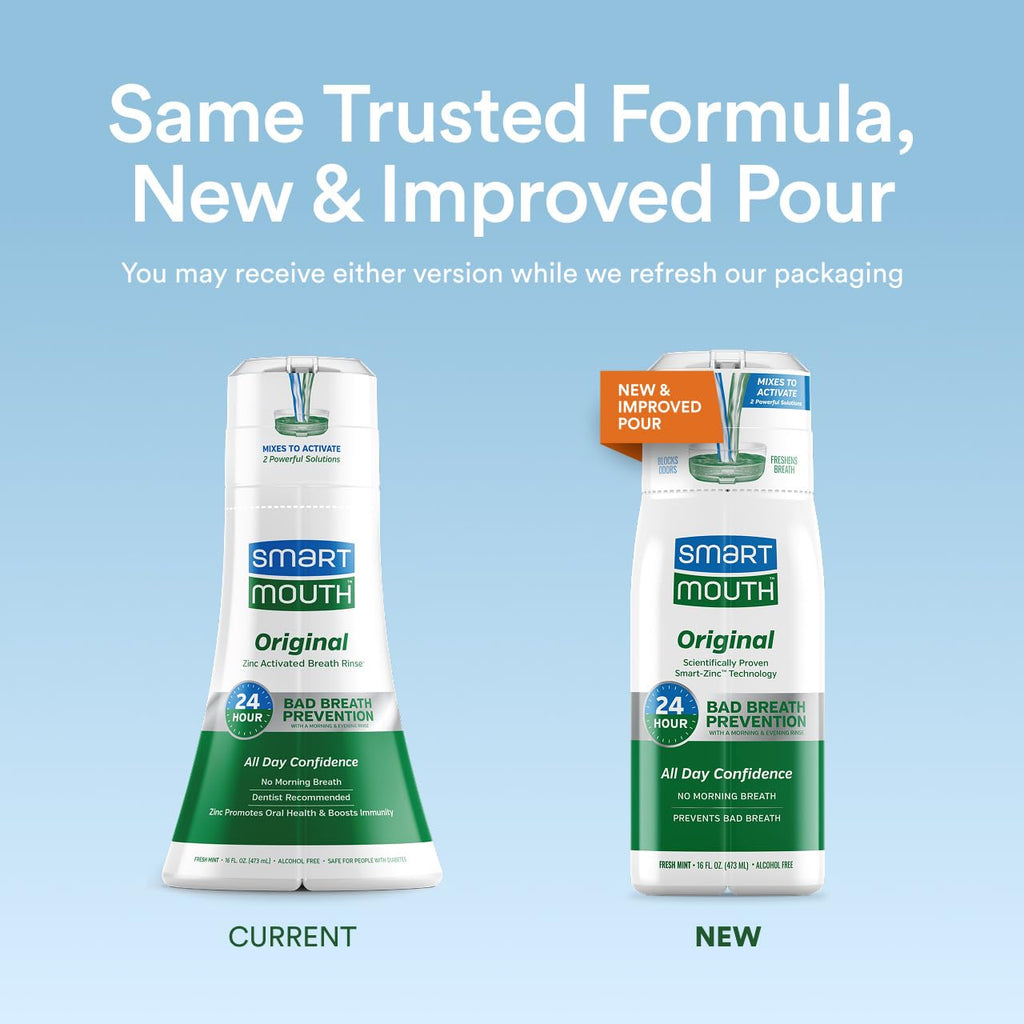 SmartMouth Original Zinc Activated Mouthwash - Instant Fresh Breath Mouthwash - Eliminates Bad Odors and Bad Breath - Alcohol-Free, Sugar-Free, Gluten-Free - Fresh Mint - 16 fl oz (2 Pack)