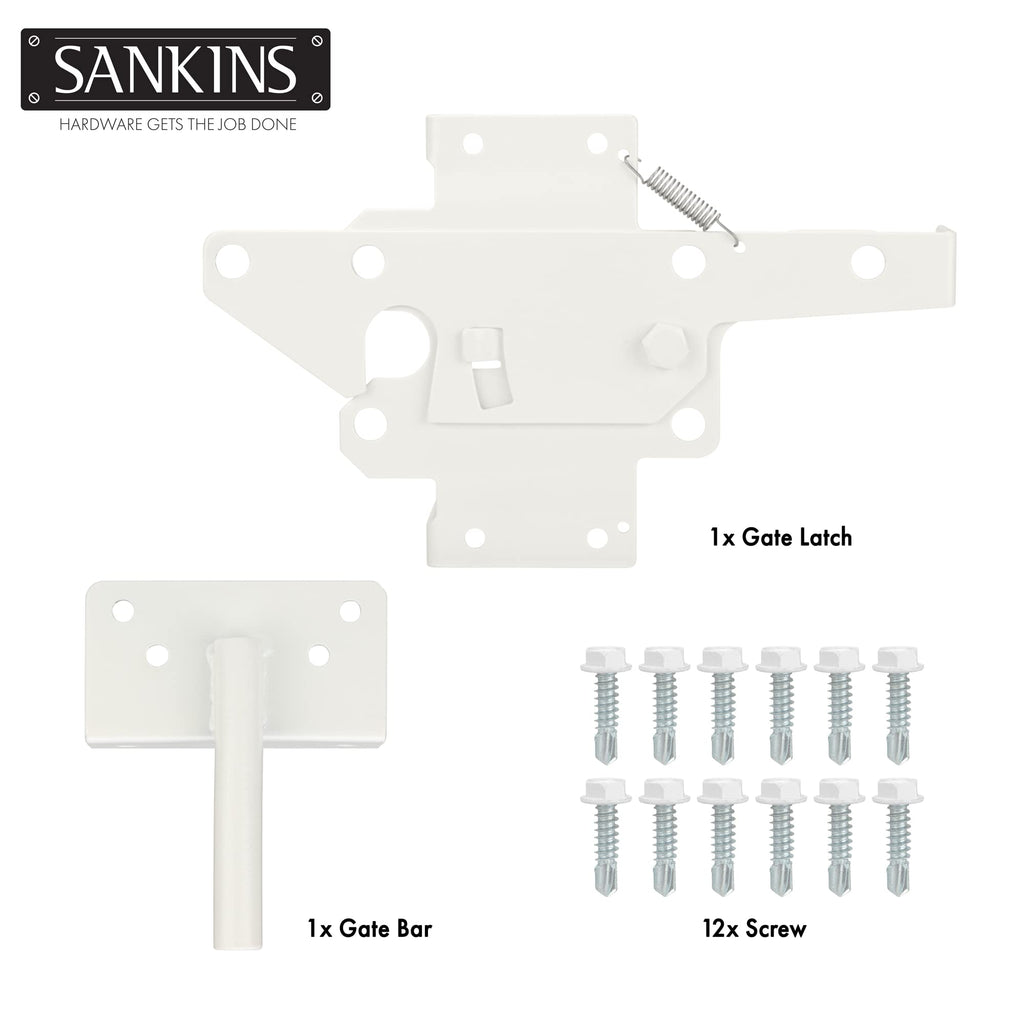 Self-Locking Gate Latch Heavy Duty Post Mount Automatic Gravity Lever for Wooden/PVC Fence, Door Lock with Fasteners Hardware for Secure Pool |Yard | Garden, Steel, White