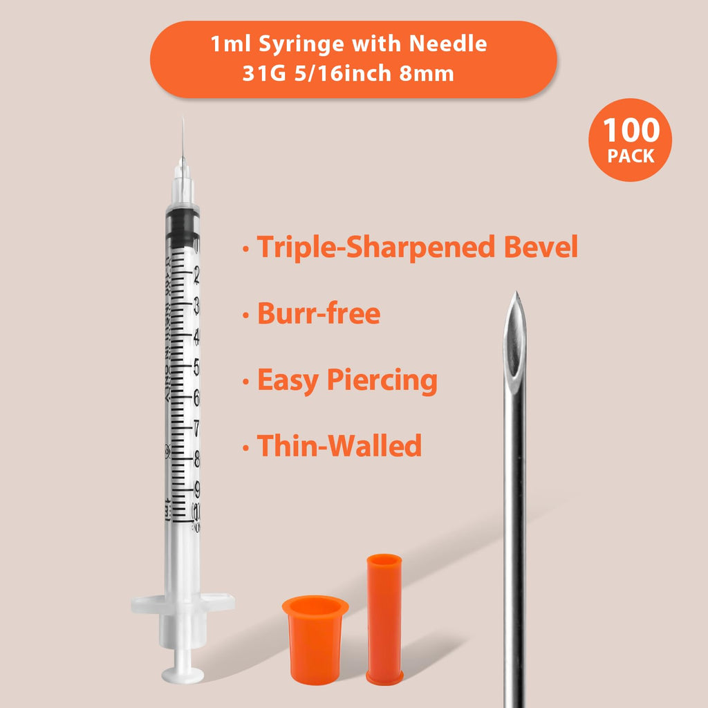 Syringes with Needle, 100 Pack U-100 1ml 31G 5/16" (8mm) Syringe
