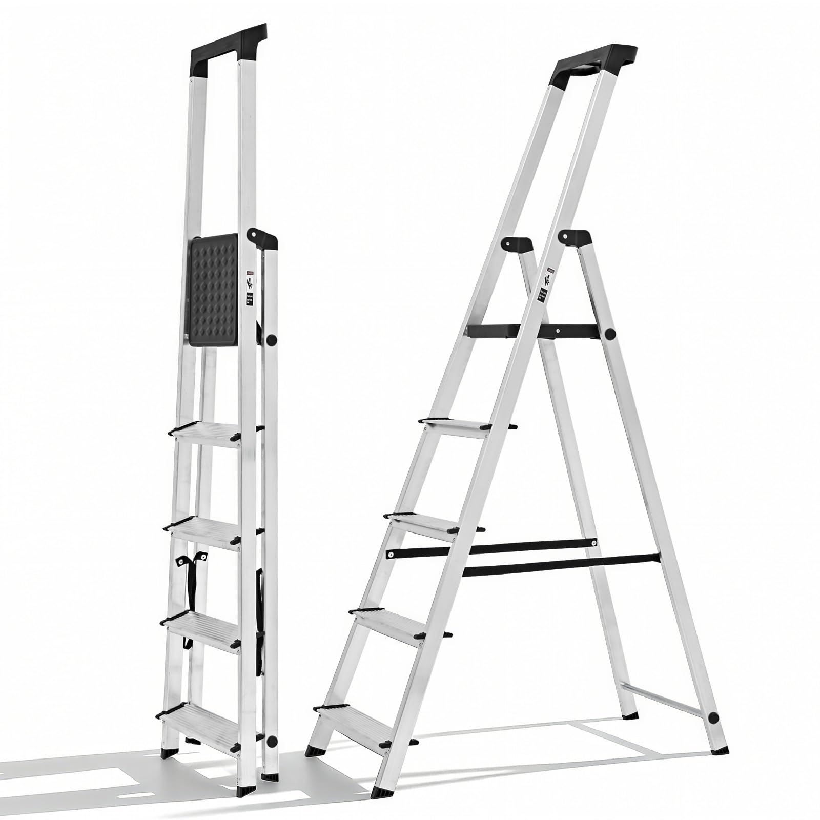 OLIXIS 5 Step Ladder, 330lbs Folding Aluminum Step Stool with Anti-Slip Wide Pedal Handrails, Safety Household Stool Ladder for Home, Kitchen, Courtyard, Outdoor